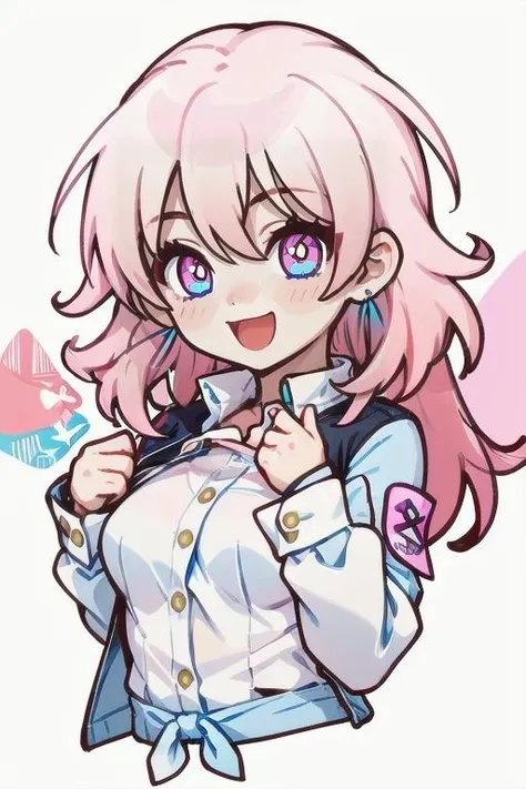 <lora:March_7th_Emote:0.75> 1girl, March_7th_Stickers, (medium breasts:1.1), pink_hair, chibi, pink_eyes, blue_eyes, multicolored_eyes, jacket, blue_jacket, shirt, white_shirt, upper_body, earrings, long_sleeves
cute smile, excited, <lora:Flat_Cute_Style:0.35>