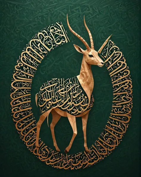 An (entirely made of hsz-Calligraphy:1.9) , beautifully intricate, art by Goro Fujita, cartoon art, Rule of Thirds, shot from behind of a (monster Gazelle:1.2) , covered in copper paint, dripping paint as a K-pop star, wearing Mewtwo-style robe tailored by Jonathan Saunders, at Dawn, Dark, specular lighting, Velvia, gothic, <lora:hsz-Calligraphy:1>, Arabic, Calligraphy
