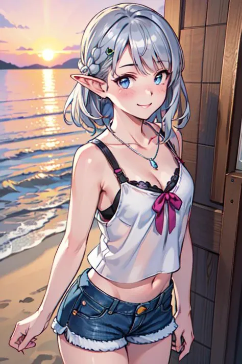 (best quality:1.2) (4k:1.) (highres:1.1) , (realistic photograph:1.1) , (ultra detailed CG:1.1) ,
1girl elf , solo , (detailed face:1) , (silver french braid:1) , (small breasts:1) , <lora:Braundertank1:.7> (bra under tank top:1) , (bow bra:1) , (tank top:1) , lingerie , lace trim , frills , cleavage , nose blush , seductive smile , hair ornaments , standing on beach , necklace , gem , denim shorts , sunset , horizon , <lora:epiCRealismHelper:1>