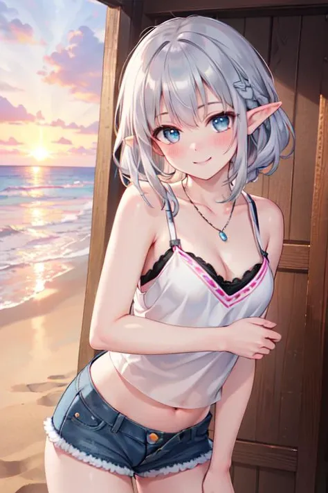 (best quality:1.2) (4k:1.) (highres:1.1) , (realistic photograph:1.1) , (ultra detailed CG:1.1) ,
1girl elf , solo , (detailed face:1) , (silver french braid:1) , (small breasts:1) , <lora:Braundertank1:.7> (bra under tank top:1) , (bow bra:1) , (tank top:1) , lingerie , lace trim , frills , cleavage , nose blush , seductive smile , hair ornaments , standing on beach , necklace , gem , denim shorts , sunset , horizon , <lora:epiCRealismHelper:1>