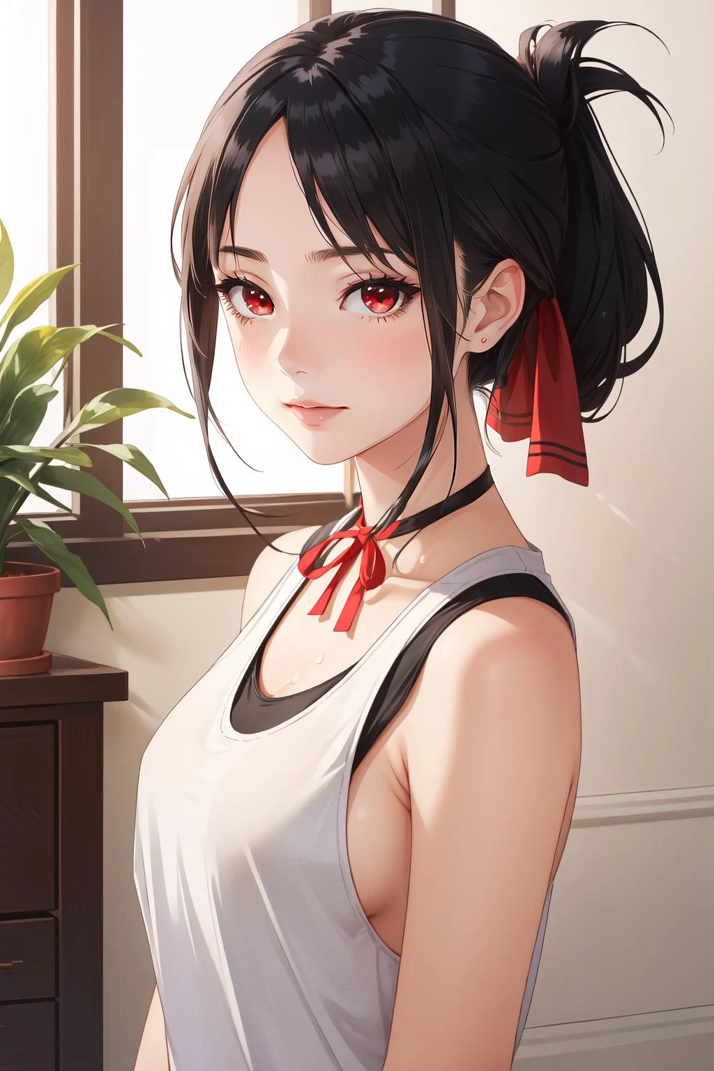 (masterpiece, best quality), intricate details,
1girl, <lora:kaguya-08:0.6> shinomiya_kaguya,((black dark gradient hair:1.2)),, parted bangs, ribbon, red ribbon, hair ribbon, folded ponytail, neck ribbon, red eyes,
sweating, hot,
<lora:Braundertank1:0.8> bra under tank top, bra, tank top, white tank top,