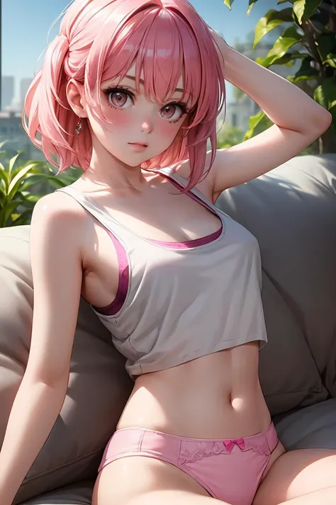 Pink hair, Cute girl, Earphone, ChineseGirl，Shy, Place your hands in front of your face, Gentle lighting, White bra, Soft lighting, a plant, Outdoors, Best quality, Masterpiece, huge tit, Perfect face, spread their legs, Beautiful feet