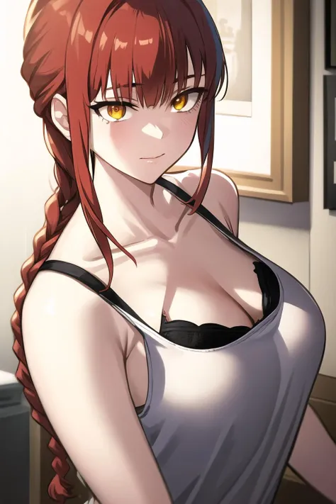 masterpiece, best quality, extremely detail 8k cg, high resolution, 1girl, mei terumi, red hair, top knot, emerald eyes, thin body, massive breasts, bubble butt, bikini top, bikini bottoms, embarrassed look, blush, indoors, bedroom, beautiful face, medium full shot, from behind 