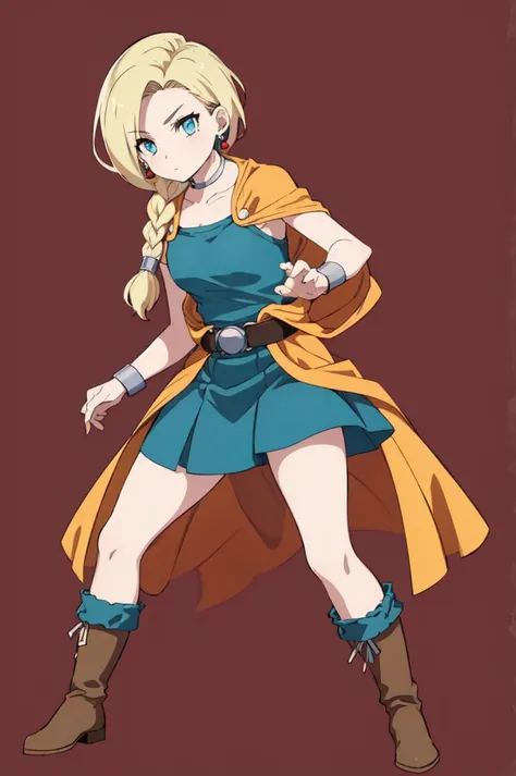 masterpiece, best quality, solo, 1girl, full body, <lora:Cps2V3test_Fp:0.8>, simple background, full body, standing, fighting stance
bianca \(dq5\), blue eyes, long hair, single braid, earrings, choker, orange cape, green dress, bracelet, belt, boots,<lora:bianca:0.85>