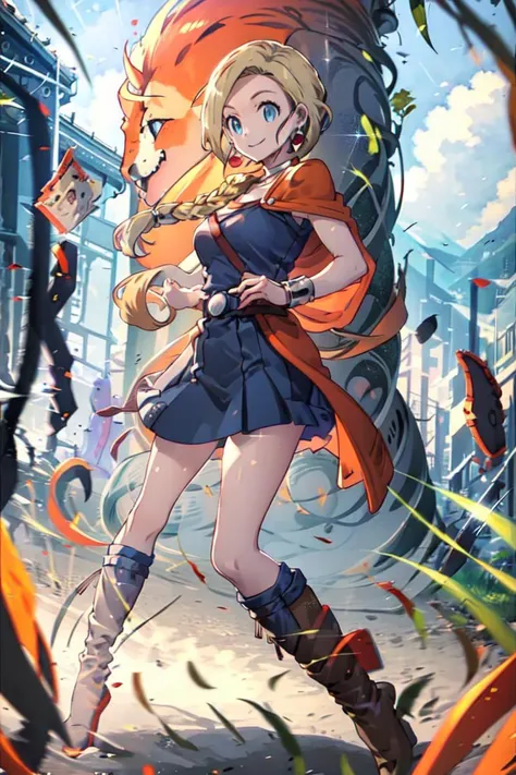 masterpiece, best quality, solo, 1girl, full body, smile , <lora:Otizu_style-20:0.8> OTizu,outdoors, full body, standing, fighting stance, high kick,
bianca \(dq5\), blue eyes, long hair, single braid, earrings, choker, orange cape, green dress, bracelet, belt, boots,<lora:bianca:0.85>, sexual view