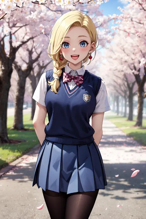 masterpiece,best quality,highres,ultra-detailed,bianca \(dq5\),blue eyes,long hair,single braid,earrings,<lora:bianca:0.7>,pantyhose,outdoors,cherry blossoms,street,(school uniform:1.2),sweater vest,:d,arms_behind_back,