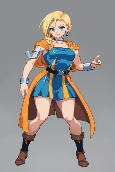 person from Congo, medium (shoulder-length:1.2) mohawk-style [blue-black:.3] hair, masterpiece, best quality, solo, 1girl,  full body, smile <lora:Cps2V3test_Fp:0.8>, simple background, full body, standing, fighting stance, high kick, 
 bianca \(dq5\), blue eyes, long hair, single braid, earrings, choker, orange cape, green dress, bracelet, belt, boots,<lora:bianca:0.85>