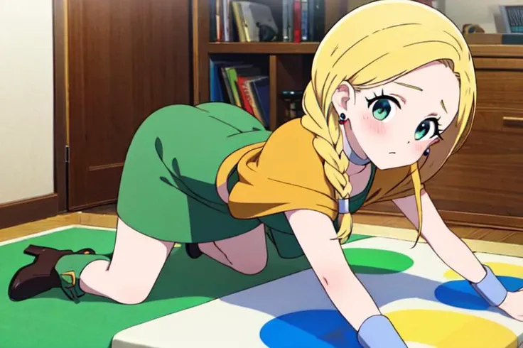 masterpiece, best quality, ultra detailed, highres, Highly detailed, High Quality, Masterpiece, beautiful, 
 twister-game, 1girl, <lora:twister:0.75>, lady, adult, all_fours, blush, business suit, highheels, indoors
bianca \(dq5\),long hair,single braid,earrings,choker,orange cape,green dress,bracelet,belt,boots, cowboy shot, <lora:bianca:0.7>