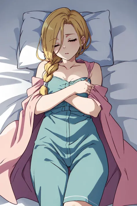 Highly detailed, High Quality, Masterpiece, beautiful, solo
bianca \(dq5\)blond hair,long hair, single braid, pink pajamas,sleeping, eyes closed, covering himself with a blanket <lora:bianca:0.7>
(hair over eyes:1.5)