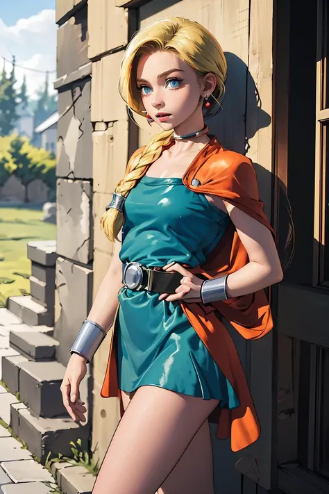 (masterpiece, best quality), 1girl, <lora:bianca:1> bianca \(dq5\),blue eyes,long hair,single braid,earrings,choker,orange cape,green dress,bracelet,belt,boots
