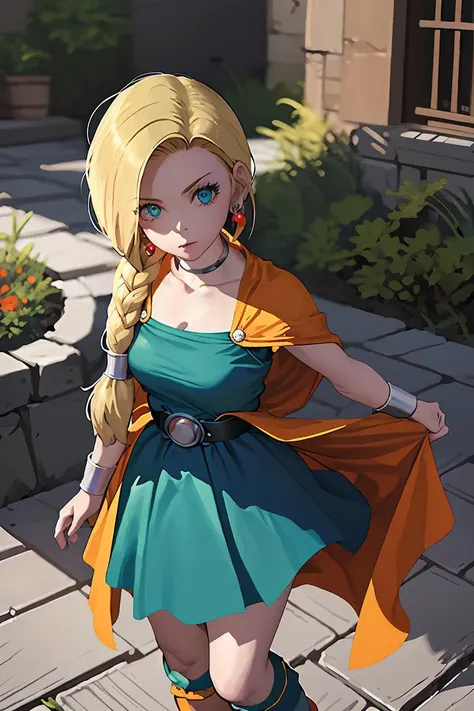 (masterpiece, best quality), 1girl, <lora:bianca:1> bianca \(dq5\),blue eyes,long hair,single braid,earrings,choker,orange cape,green dress,bracelet,belt,boots