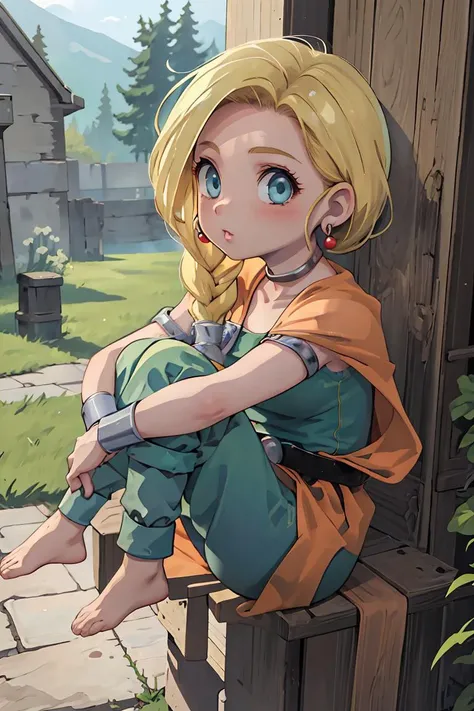 (masterpiece, best quality), 1girl, <lora:bianca:1> bianca \(dq5\),blue eyes,long hair,single braid,earrings,choker,orange cape,green dress,bracelet,belt,boots