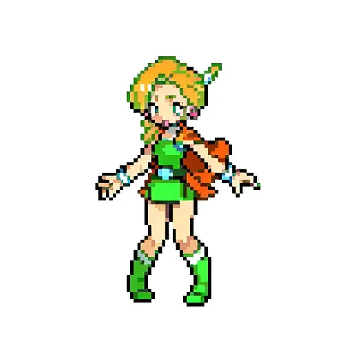 1girl, Pixel Art, pixel, 32 bits, short blonde bob haircut, skin tight tanktop, navel, short cutoff shorts, knee-high socks, combat boots, super saiyan hair, beautiful Bikini Elf Girl, green metal armor, (long blonde hair), hands on hips, athletic body, Italian girl