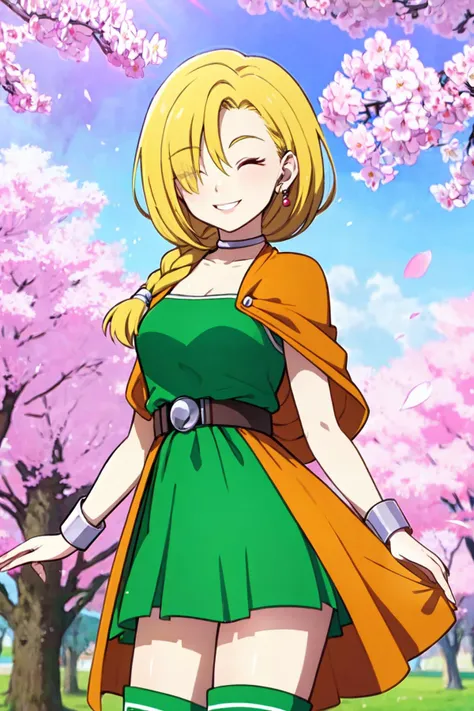 masterpiece, best quality, ultra detailed, highres, Highly detailed, High Quality, Masterpiece, beautiful,
<lora:faceless_v1-000010:1> faceless, no eyes, hair over eyes
bianca \(dq5\),long hair,single braid,earrings,choker,orange cape,green dress,bracelet,belt,boots,<lora:bianca:0.7>,
cowboy shot
outdoors, cherry blossoms,standing,smile,