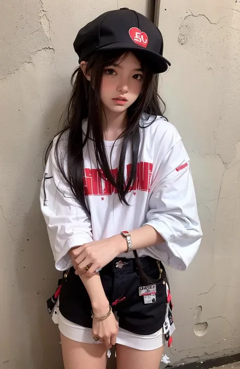 hiphop girl by supreme, 16 years old, attractive, stylish, designer, black, graffiti, street art, cowboy shot, <lora:XuanWoXiaoQian:0.7>