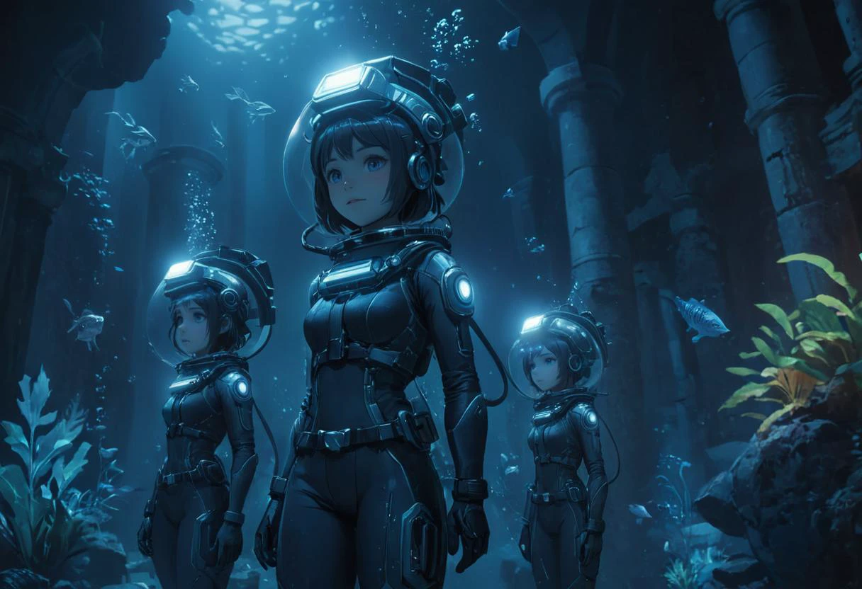 (best quality, masterpiece, absurdres, highres, ultra_detailed, dynamic angle:1.2), photography of (multiple girls:1.4), aztec, lama scuba helmet, feathered clothes, glowing cybernetics, on top of a citadel, (underwater:1.2), sea plants, fishes, bioluminescence, futuristic, sci-fi, (intricate details, hyperdetailed:1.15), (ultrahigh resolution textures), bokeh, (volumetric, cinematic, dim blue) lighting, caustics, depth of field, <lora:lama_scuba_helmet-xl-v2-000012:0.5>