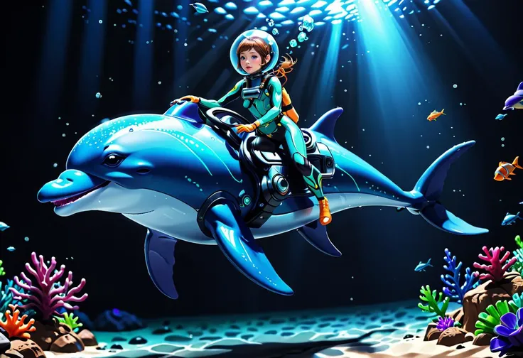 (best quality, masterpiece, absurdres, highres, ultra_detailed, dynamic angle:1.2), photography of 1girl riding a dolphin, lama scuba helmet, colorful full body bodysuit with embedded (glowing:1.2) cybernetics, (short hair:1.3), (underwater:1.2), (floating, levitating:1.2), sea plants, bioluminescence, futuristic, sci-fi, (intricate details, hyperdetailed:1.15), (ultrahigh resolution textures), bokeh, (volumetric, cinematic, dim blue) lighting, depth of field, <lora:lama_scuba_helmet-xl-v2-000012:0.5>, <lora:Battlecat_SDXL:0.8>