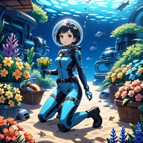 (best quality, masterpiece, absurdres, highres, ultra_detailed, dynamic angle:1.2), photography of a beautiful (1girl:1.15), (full body diving suit), weight belt, (diving watch), lama scuba helmet, short hair, (tight boots:1.3), tight gloves, fanny pack, (on ground, kneeling:1.3), (underwater:1.4), exploring a sci-fi utopian garden, (picnic basket filled with flowers:1.15), (holding flowers in hand:1.3), (bioluminescence:1.25), (glowing cybernetics:1.15), solo, alone, (outdoors:1.3), (sand, sea plants, coral:1.1), (intricate details, hyperdetailed:1.15), (ultrahigh resolution textures), bokeh, (volumetric, cinematic) lighting, (dim blue lighting:1.2), caustics, deep sea, depth of field, <lora:lama_scuba_helmet-xl-v2-000012:0.35>, <lora:EnvyScifiStreamlineXL01:0.8>