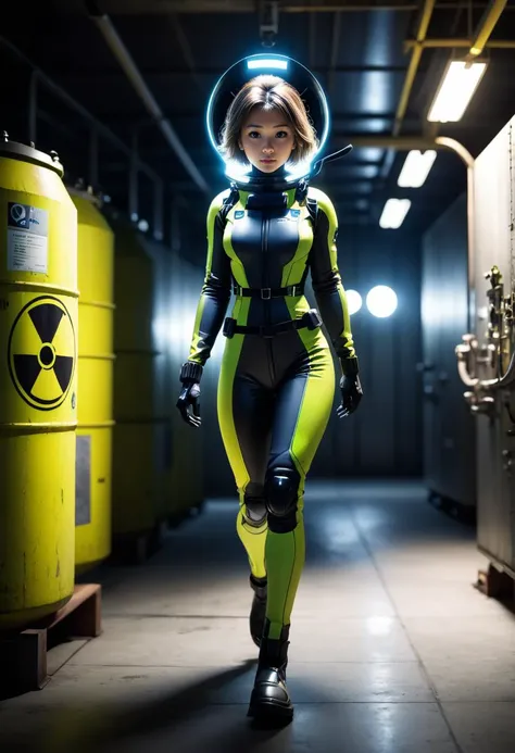 (best quality, masterpiece, absurdres, highres, ultra_detailed, dynamic angle:1.2), photography of 1girl, full body bodysuit, lama scuba helmet, glowing cybernetics, inside a nuclear waste storage facility, walking, (in dynamic pose:1.3), solo, alone, dark, futuristic, sci-fi, (intricate details, hyperdetailed:1.15), (ultrahigh resolution textures), bokeh, (volumetric, cinematic, dim) lighting, caustics, depth of field, <lora:lama_scuba_helmet-xl-v2-000012:0.5>