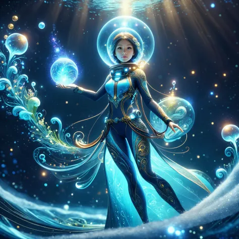 (best quality, masterpiece, absurdres, highres, ultra_detailed, dynamic angle:1.2), photography of 1girl, mage, aquamancer, (colorful:1.3) ornate diving bodysuit, lama scuba helmet, glowing cybernetics, long robe woven with celestial patterns, (spellcasting, arcane knowledge, empowering allies, elemental water magic:1.5), ethereal glowing runes, (underwater:1.2), sea plants, bioluminescence, futuristic, sci-fi, (intricate details, hyperdetailed:1.15), (ultrahigh resolution textures), bokeh, (volumetric, cinematic, dim blue) lighting, caustics, depth of field, <lora:lama_scuba_helmet-xl-v2-000012:0.4>, <lora:EnvyScifiStreamlineXL01:0.1>, <lora:DonMM4g1cXL-v2.1-000010:0.7>