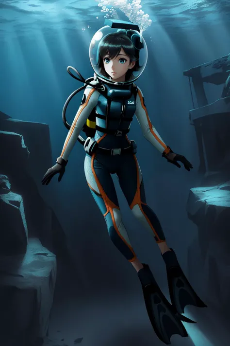 Pretty female scuba diver swimming underwater, exploring an ancient ship wreckage, ultra detailed, ((full body diving suit)), gloves, sharp focus, crystal clear, masterpiece, (1girl), (alone), ((underwater)), weight belt, ((lama scuba helmet)), (diving watch), (((deep sea dive))), ocean abyss, dim blue lighting, caustic effects, ((perfect anatomy)), ((perfectly drawn face)), ((perfectly drawn hands)), ((perfectly drawn eyes)), (black fins), anime still, fish school, [fish], (coral reef), alguae, <lora:lama_scuba_helmet_rev2-10:0.825>
