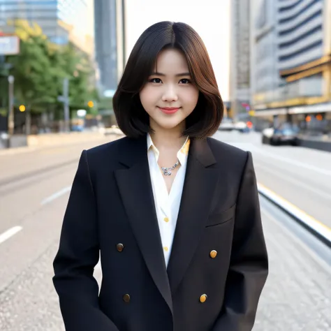 kawahara ,  nikon RAW, 8 K, Fujifilm XT3, masterpiece, best quality, 1girl, solo, realistic, photorealistic, ultra detailed,
diamond stud earnings, long straight blck hair, hazel eye,serious expression, slender figure, wearing a black blazer and white blouse, standing against a city skyline at night
iu1,