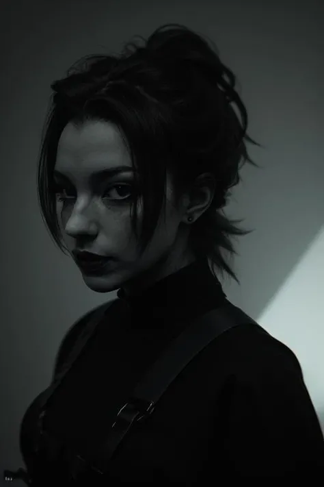 Silhouette style, mistress, harness, bdms, High contrast, minimalistic, black and white, stark, dramatic, (dark but beautiful:1.4), (masterpiece, best quality:1.4)  photography, volumetric light, dramatic,  art,  grainy, camera, pjw style <lora:pjw_style:1>