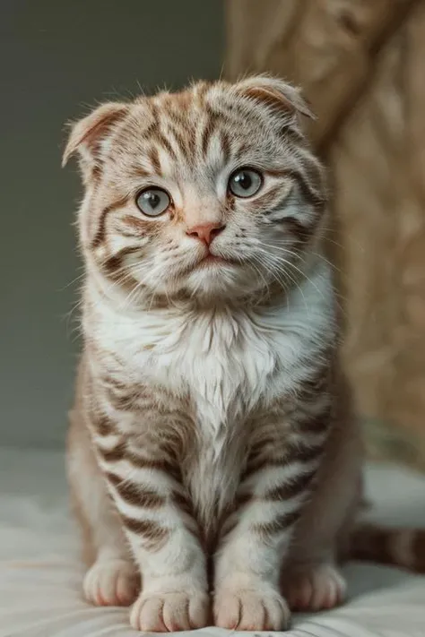 masterpiece, best quality, highres, intricate detail, charming scottish fold kitty, nervous demeanor, folded ears, round eyes, twitchy tail, warm colors, bokeh, camera, pjw style <lora:pjw_style:1>
