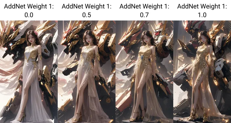 masterpiece, best quality,highres, 1 mecha girl, jinmeng, golden dress, sparkle, see-through, layered dress, jewelry, sunlight, bare shoulders, full body, <lora:Mecha:0.8>