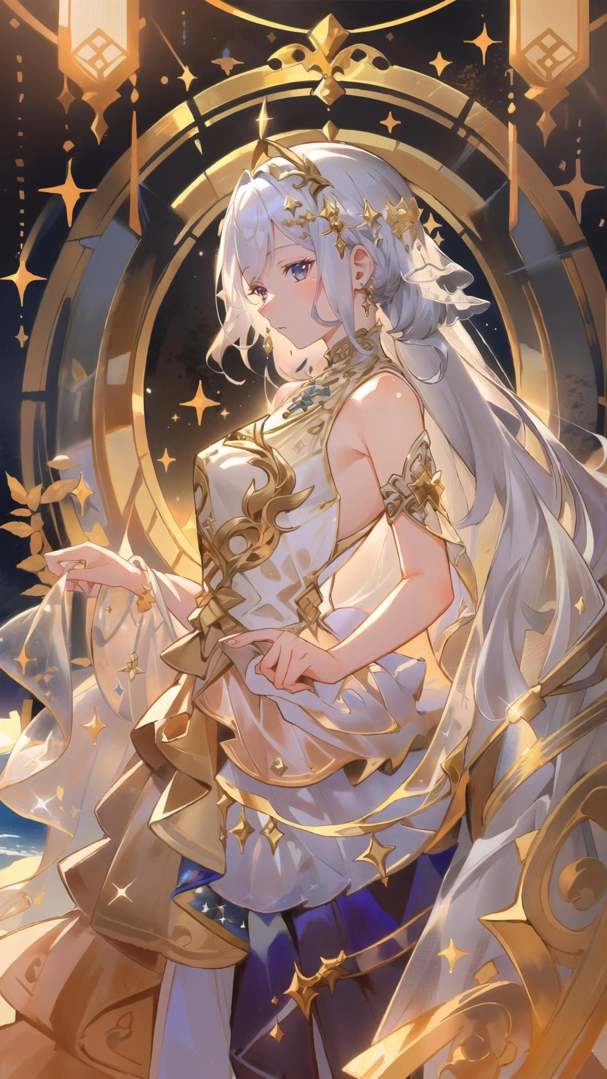 masterpiece, best quality,highres, 1girl, jinmeng, golden layered dress, sparkle, see-through, jewelry, white hair, sunlight, <lora:jinmeng:0.8>