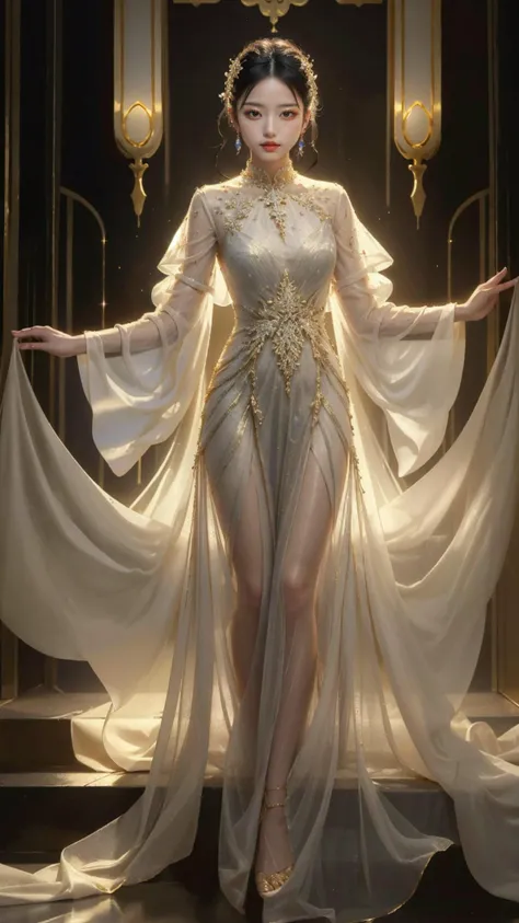 masterpiece, best quality,highres, 1girl, <lora:jinmeng:0.6>, jinmeng, golden dress, sparkle, see-through, layered dress, jewelry, <lora:flower:0.4>