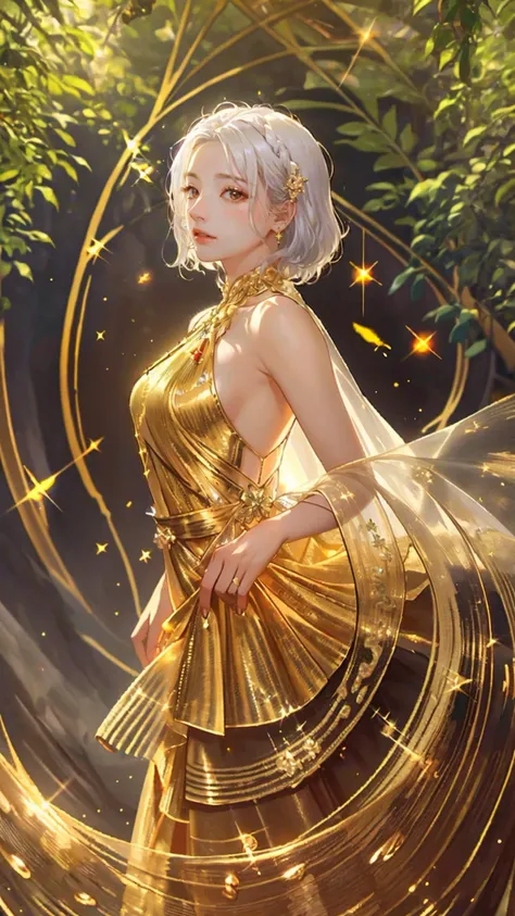 masterpiece, best quality,highres, 1girl, jinmeng, golden layered dress, sparkle, see-through, jewelry, white hair, sunlight,  <lora:jinmeng:0.8>