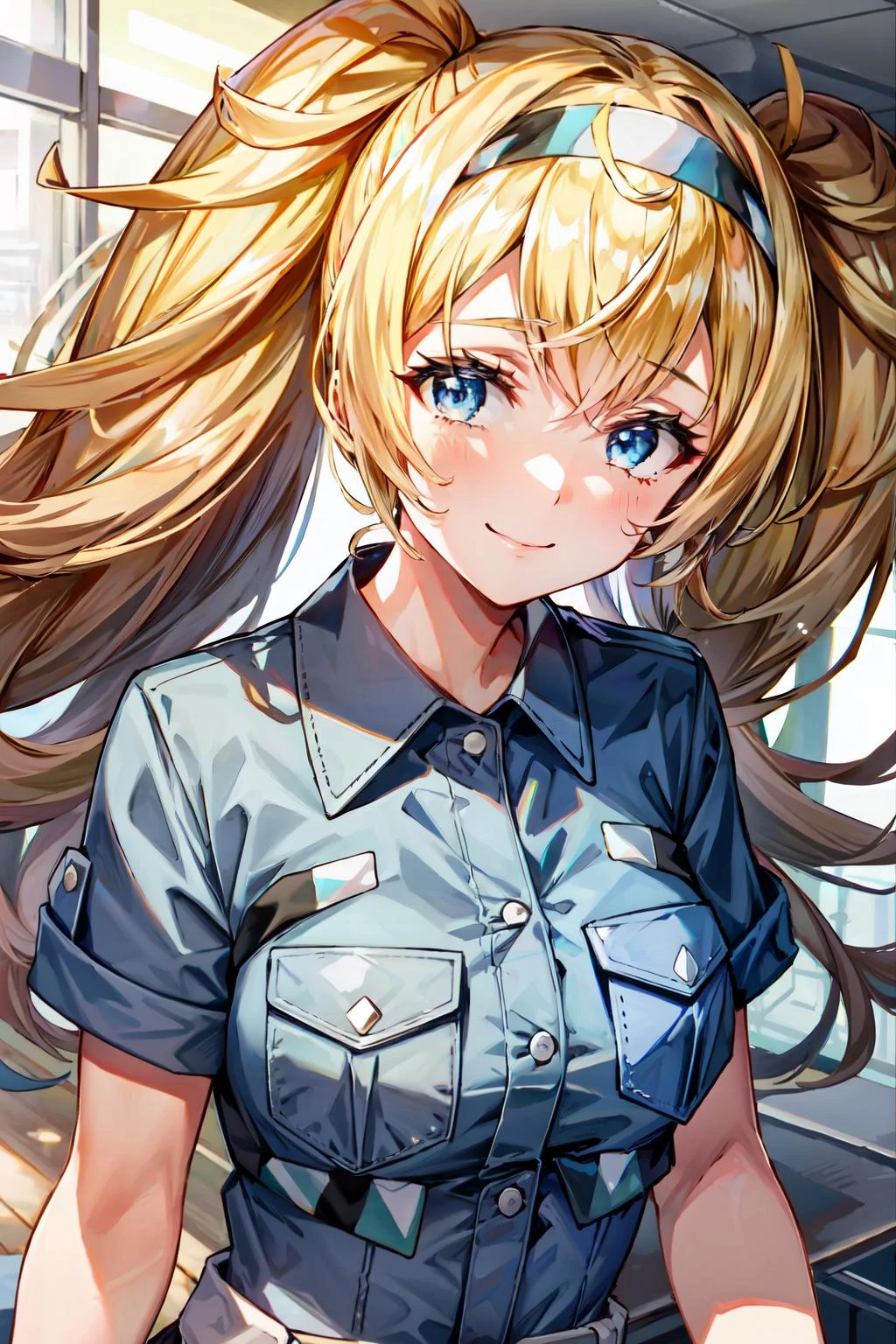 (masterpiece, best quality, illustration, delicate details, 8K:1.3), (studio light, best shadow, picturesque, styleadder),
BREAK, (sharp eyeliner, (symmetric eyes, perfect eyes, detailed eyes), finely detailed beautiful face, perfect anatomy),
BREAK, nice hands, perfect hands, hand by Guido Daniele,
BREAK, 1girl, solo,
BREAK, GambierBayKC, twintails, hairband, (multicolored) clothes, (short sleeves) shirt, (collared) shirt, (blue) shirt, pocket, breast pocket, (multicolored) gloves, (black) gloves AND (white) gloves,
BREAK, upper body shot, face close-up, looking at viewer, facing to viewer, smile, (indoor, office, living room), standing,
BREAK, <lora:add_detail:0.3>, <lora:eyes:0.2>, <lora:CSA:0.2>, <lyco:hands:1>, <lora:GambierBay-10:1>