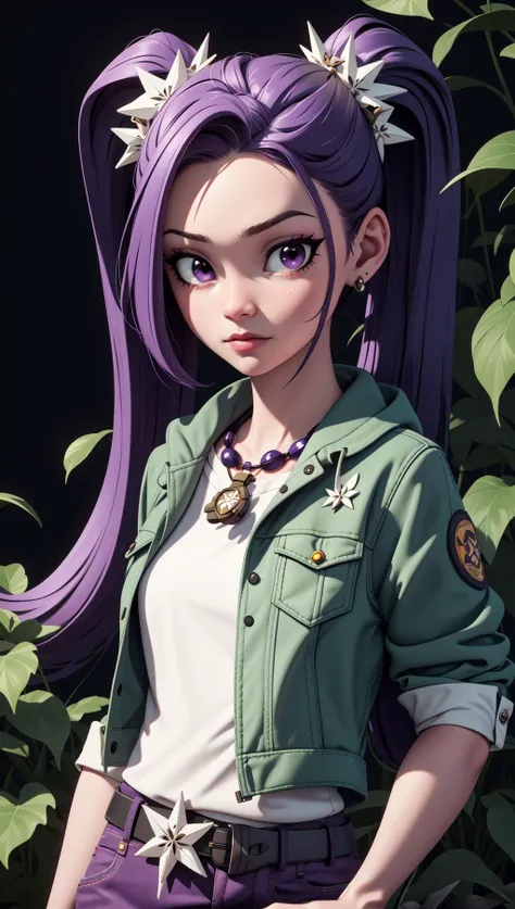 Young unamused white girl with twintails, purple eyes and large eyelashes(masterpiece:1.1),(highest quality:1.1),(HDR:1),hair ornament, green jacket, purple pants, belt, jewelry, necklace,ambient light,ultra-high quality,( ultra detailed original llustration),(nature background),, <lyco:mlp_ariablaze-10:0.6>,(1girl, upper body),double exposure,glitch,(original illustration composition),(fusion of limited color, maximalism artstyle, geometric artstyle, junk art),