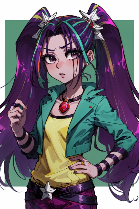 masterpiece,best quality,1girl,mlparia,colored skin,purple skin,twintails,streaked hair,purple hair,green hair,hair ornament,purple eyes,green jacket,purple pants,belt,jewelry,necklace,<lora:mlp_ariablaze:1>,