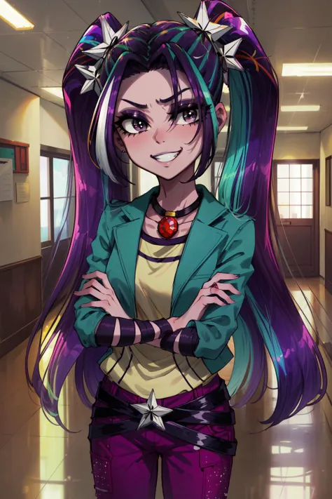 masterpiece,best quality,1girl,mlparia,colored skin,purple skin,twintails,streaked hair,purple hair,green hair,hair ornament,purple eyes,green jacket,purple pants,belt,jewelry,necklace,evil grin,head tilt,crossed arms,against wall,school hallway,<lora:mlp_ariablaze:1>,