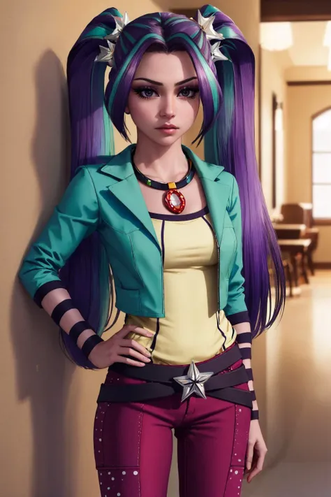 (masterpiece, best quality:1.2), <lyco:mlp_ariablaze-10:1.0>, cowboy shot, solo, 1girl, mlparia, colored skin, purple skin, unamused, looking at viewer, hand on hip, twintails, hair ornament, green jacket, purple pants, belt, jewelry, necklace