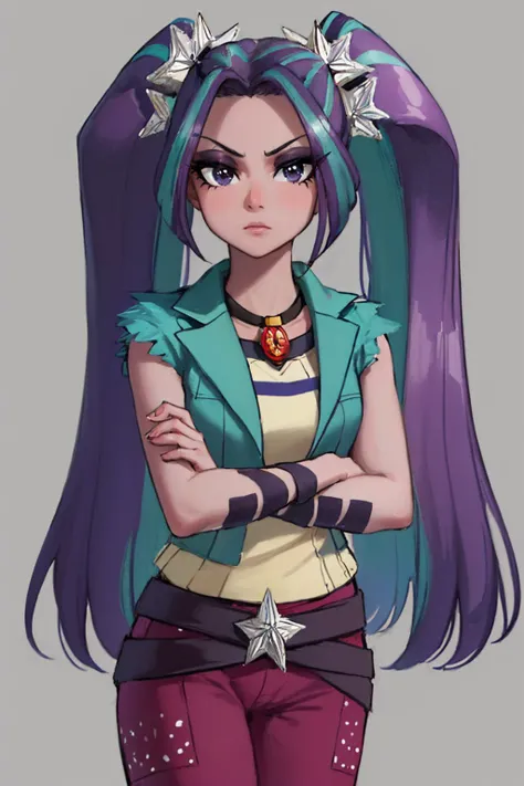 (masterpiece, best quality:1.2), <lyco:mlp_ariablaze-10:1.0>, cowboy shot, solo, 1girl, mlparia, colored skin, purple skin, unamused, looking at viewer, crossed arms, twintails, hair ornament, green jacket, belt, jewelry, necklace