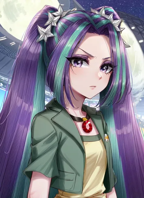 ((best quality)), ((highly detailed)), masterpiece, extremely detailed face, beautiful face, (detailed eyes, deep eyes), (1girl), from behind, looking back, upper body, <lora:hairdetailer:.7>, <lora:mlp_ariablaze:1>, mlparia, ((colored skin, purple skin)), streaked hair, purple hair, green hair, twintails, hair ornament, purple eyes, green jacket, purple pants, belt, jewelry, necklace, (at a stadium, evening, night sky, stars, multiple moons)