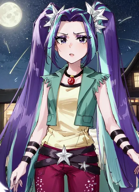 ((best quality)), ((highly detailed)), masterpiece, (detailed eyes, deep eyes), (1girl), cowboy shot, <lora:mlp_ariablaze:1>, mlparia, ((colored skin, purple skin)), streaked hair, purple hair, green hair, twintails, hair ornament, purple eyes, green jacket, purple pants, belt, jewelry, necklace, (in a village, night, night sky, stars, moonlight, shooting star)