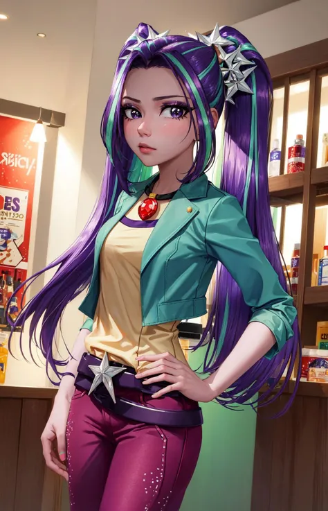 (masterpiece, best quality:1.2),<lora:mlp_ariablaze-10:1>,cowboy shot,solo,1girl,mlparia,colored skin,purple skin,unamused,looking at viewer,hand on hip,twintails,hair ornament,green jacket,purple pants,belt,jewelry,necklace,