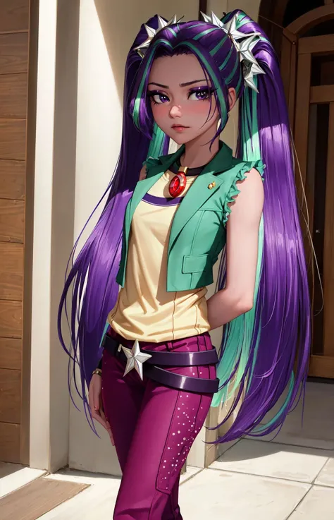 (masterpiece, best quality:1.2),<lora:mlp_ariablaze-10:1>,cowboy shot,solo,1girl,mlparia,colored skin,purple skin,unamused,looking at viewer,twintails,hair ornament,green jacket,purple pants,belt,jewelry,necklace,cameltoe,(arms behind back),soft lighting,