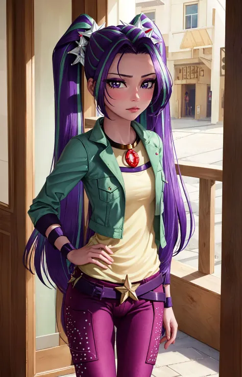 (masterpiece, best quality:1.2),<lora:mlp_ariablaze-10:1>,cowboy shot,solo,1girl,mlparia,colored skin,purple skin,unamused,looking at viewer,hand on hip,twintails,hair ornament,green jacket,purple pants,belt,jewelry,necklace,(cameltoe),