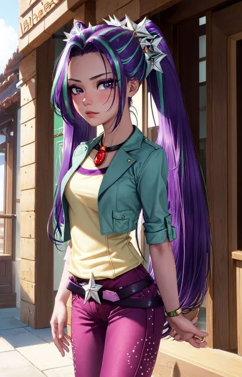(masterpiece, best quality:1.2),<lora:mlp_ariablaze-10:1>,cowboy shot,solo,1girl,mlparia,colored skin,purple skin,unamused,looking at viewer,twintails,hair ornament,green jacket,purple pants,belt,jewelry,necklace,(cameltoe),arms behind back,