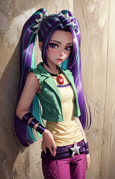 (masterpiece, best quality:1.2),<lora:mlp_ariablaze-10:1>,cowboy shot,solo,1girl,mlparia,colored skin,purple skin,unamused,looking at viewer,hand on hip,twintails,hair ornament,green jacket,purple pants,belt,jewelry,necklace,