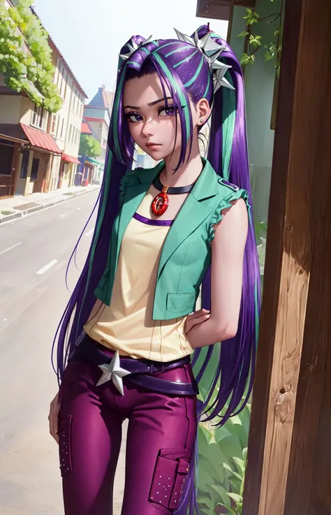 (masterpiece, best quality:1.2),<lora:mlp_ariablaze-10:1>,cowboy shot,solo,1girl,mlparia,colored skin,purple skin,unamused,looking at viewer,twintails,hair ornament,green jacket,purple pants,belt,jewelry,necklace,(cameltoe),arms arms behind back,