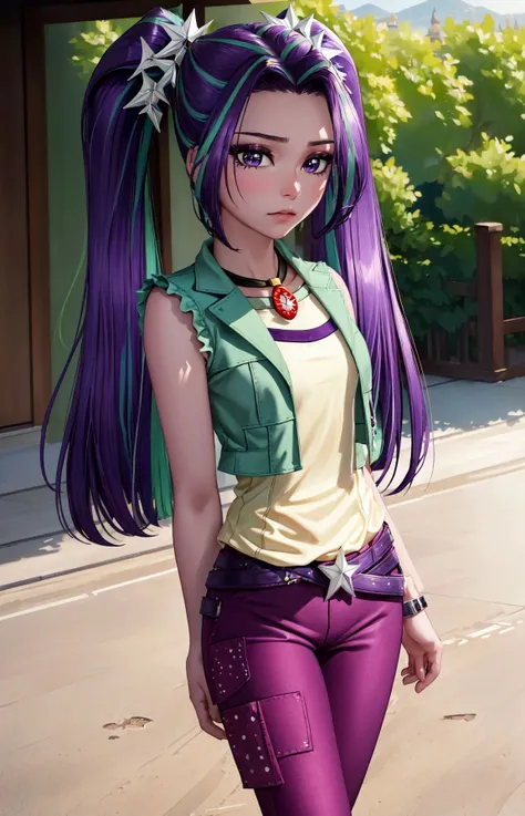 (masterpiece, best quality:1.2),<lora:mlp_ariablaze-10:1>,cowboy shot,solo,1girl,mlparia,colored skin,purple skin,unamused,looking at viewer,twintails,hair ornament,green jacket,purple pants,belt,jewelry,necklace,cameltoe,(arms behind back),soft lighting,