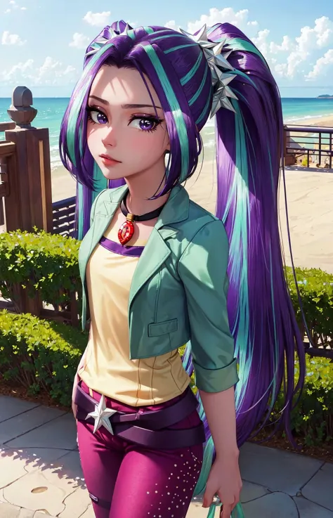 (masterpiece, best quality:1.2),<lora:mlp_ariablaze-10:1>,cowboy shot,solo,1girl,mlparia,colored skin,purple skin,unamused,looking at viewer,twintails,hair ornament,green jacket,purple pants,belt,jewelry,necklace,cameltoe,(arms behind back),soft lighting,
