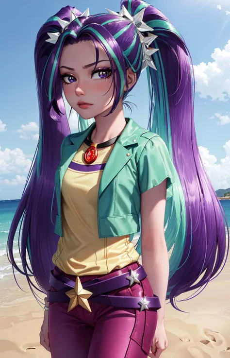 (masterpiece, best quality:1.2),<lora:mlp_ariablaze-10:1>,cowboy shot,solo,1girl,mlparia,colored skin,purple skin,unamused,looking at viewer,twintails,hair ornament,green jacket,purple pants,belt,jewelry,necklace,cameltoe,(arms behind back),soft lighting,