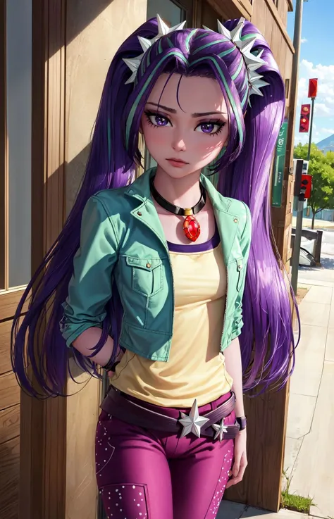 (masterpiece, best quality:1.2),<lora:mlp_ariablaze-10:1>,cowboy shot,solo,1girl,mlparia,colored skin,purple skin,unamused,looking at viewer,twintails,hair ornament,green jacket,purple pants,belt,jewelry,necklace,cameltoe,(arms behind back),soft lighting,